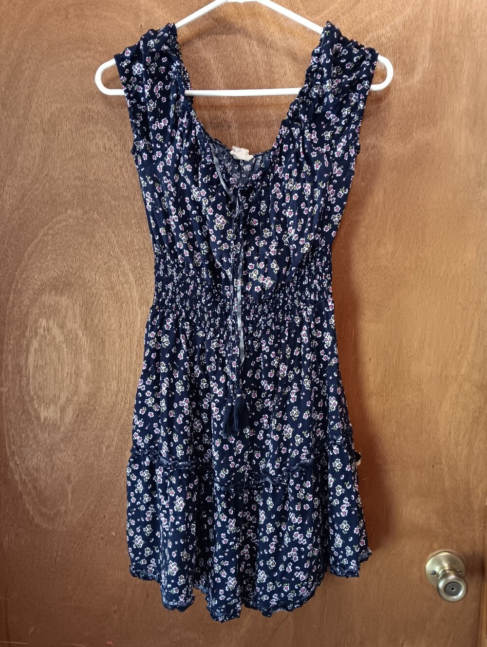 205 Collins Navy Floral Tiered Sundress with Tiie On Neck
